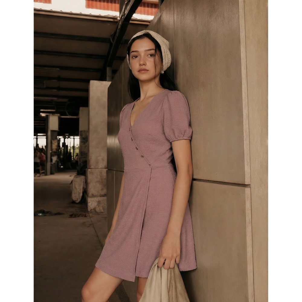 Madewell Puff Sleeve Wrap Mini Dress XXS Dusty Mauve‎ Textured Knit V-Neck